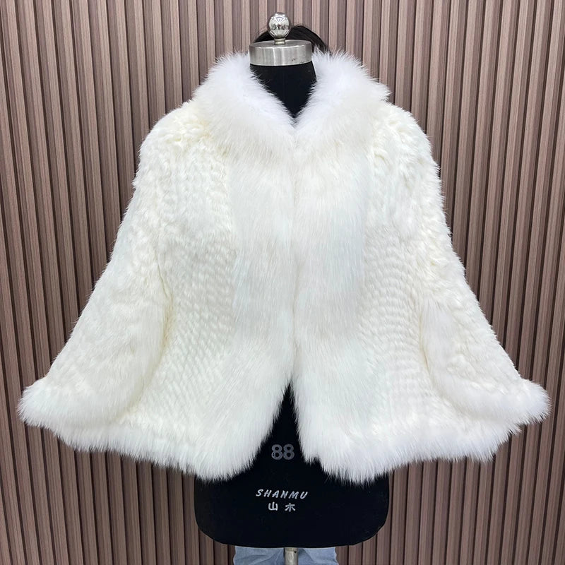 2025 New Natural Rabbit Fur Bat Shirt Coats Knitted Women Real Fox Fur Collar Jackets Luxury Woman Clothing Outwear