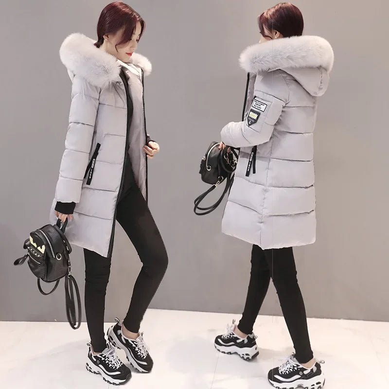 2025 Winter Women Parka Coats Long Cotton Casual Fur Hooded Jackets Thick Warm Slim-fit Jacket Female Overcoat Clothing