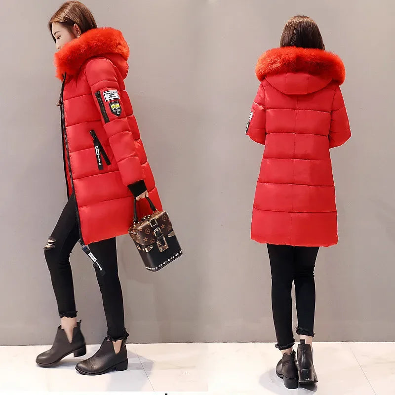 2025 Winter Women Parka Coats Long Cotton Casual Fur Hooded Jackets Thick Warm Slim-fit Jacket Female Overcoat Clothing