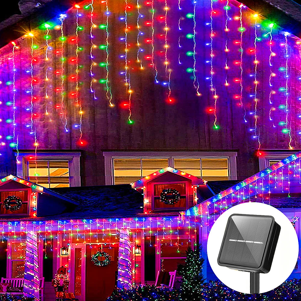 4m Solar Icicle Curtain Lights Christmas Fairy String Light Outdoor Waterproof Decoration Light for Holiday Wedding Party Garden