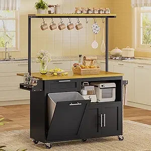Rolling Kitchen Island Table on Wheels with Drop Leaf, 40" Mobile Kitchen Carts with Trash can Storage, Storage Cabinet, D