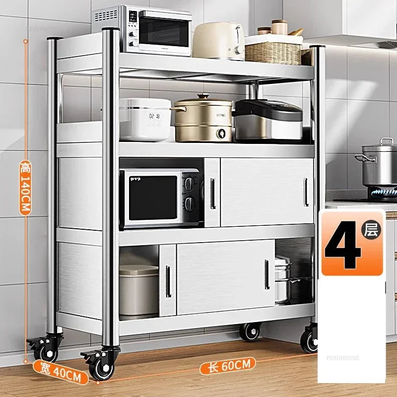 Stainless Steel Kitchen Cabinets with Door Floor Multi-layer Sliding Door Cabinet Storage Racks Multi-functional Home Furniture