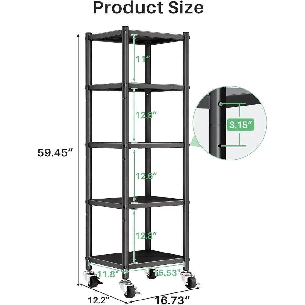 PXRACK 5-Tier Kitchen Storage Shelves, Adjustable Metal Shelves for Storage Pantry Shelves with Rolling Wheels, Storage Rack She
