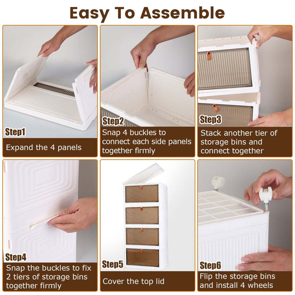 4Pc Foldable Storage Bins With Lid Front Magnetic Door Collapsible Stackable Closet Organizer Containers With 4Pcs 360 Degree Rotatable Wheels.