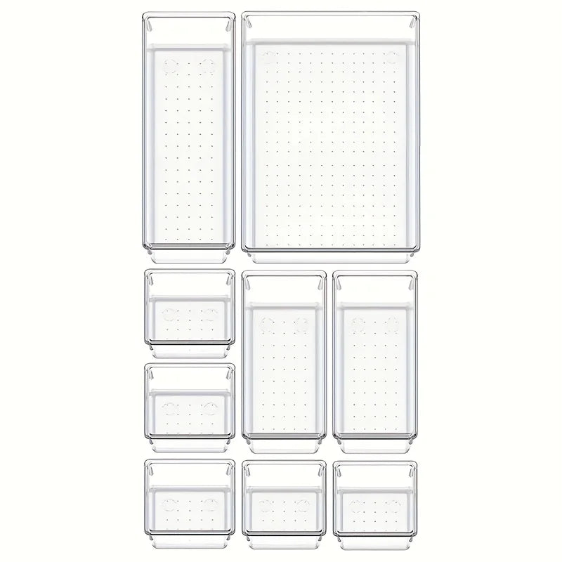 10-Piece Versatile Drawer Organizer Set - Clear Plastic Trays and Dividers in 4 Sizes for Perfect Makeup and Kitchen Storage.