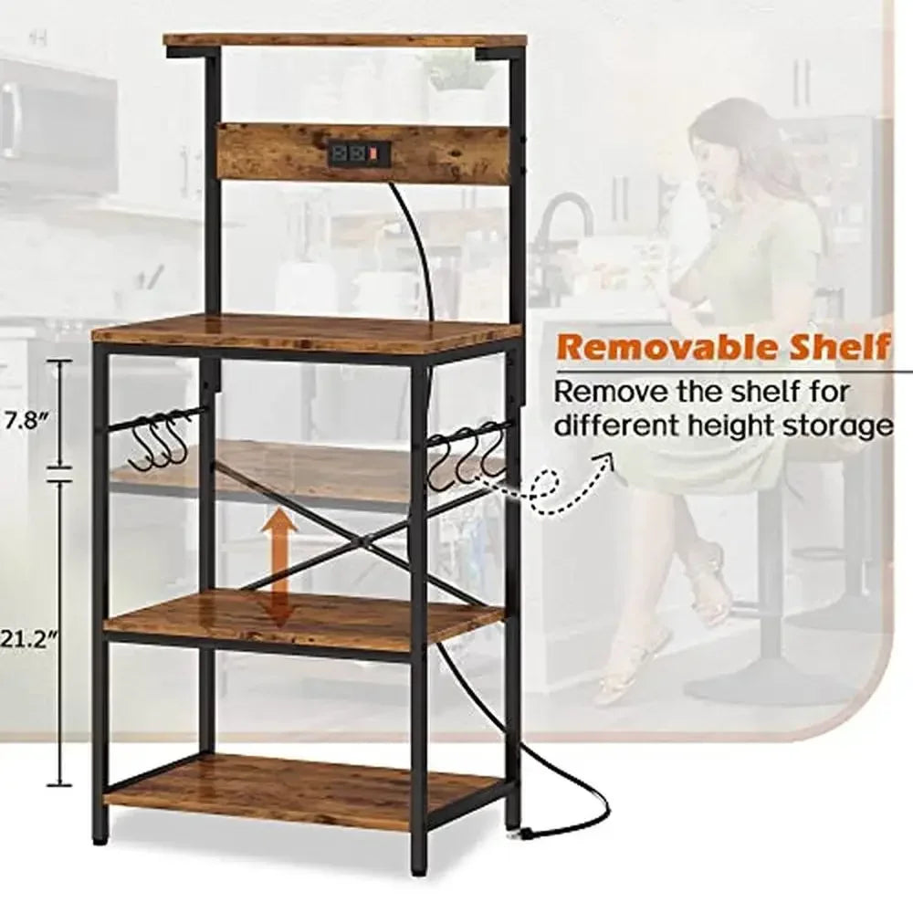 4-Tier Kitchen Bakers Rack with Power Outlets and S-Shaped Hooks Storage Stand
