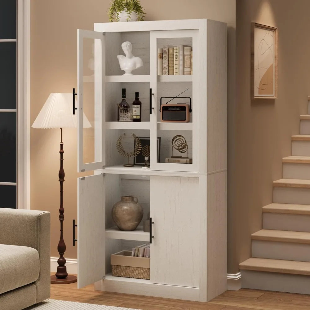 Tall Wooden Kitchen Pantry Cabinet, Farmhouse Glass Door Freestanding Food Storage Cupboard Pantry Cabinet with Adjustable Shel