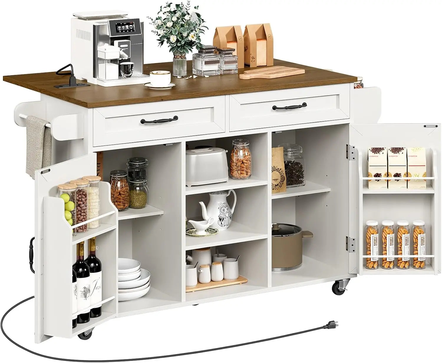 Kitchen Island with Power Outlets & Drop Leaf, Kitchen Cart with Storage, Drawer and Spice Rack, Tower Rack, Island Table, White