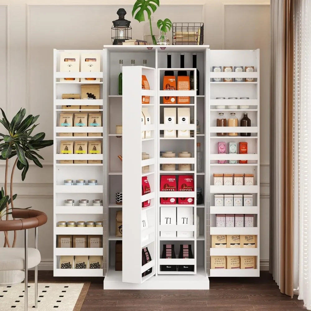 Kitchen Pantry Storage Cabinet with Doors and Shelves, Rotating Racks, Tall Pantry Cabinet Cupboard with Door Racks, White, 19.