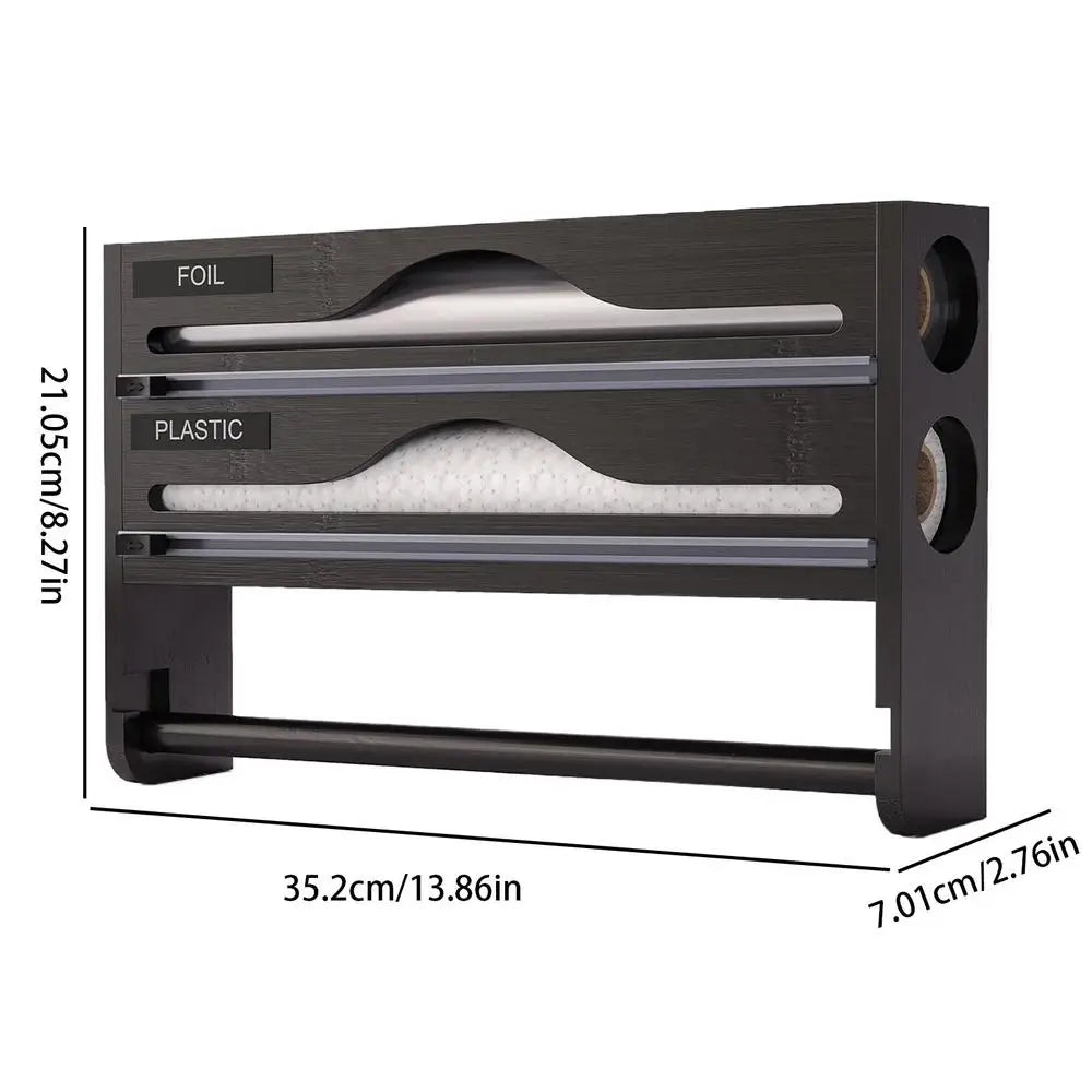 Foil Plastic Wrap Organizer Dispenser Wall Mounted Bamboo Kitchen Paper Towel Holder with Spice Shelf Kitchen Wrap Dispenser