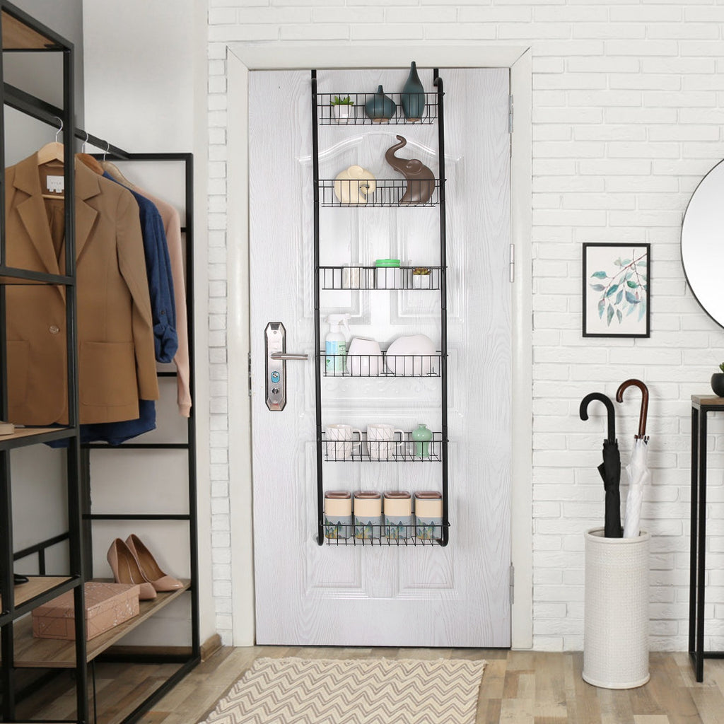 1Pc 6 Tier Over Door Pantry Organizer Hanging Hooks Door Storage Rack Carbon Steel Basket 62.99in Over Door Shelf For Kitchen Bathroom.