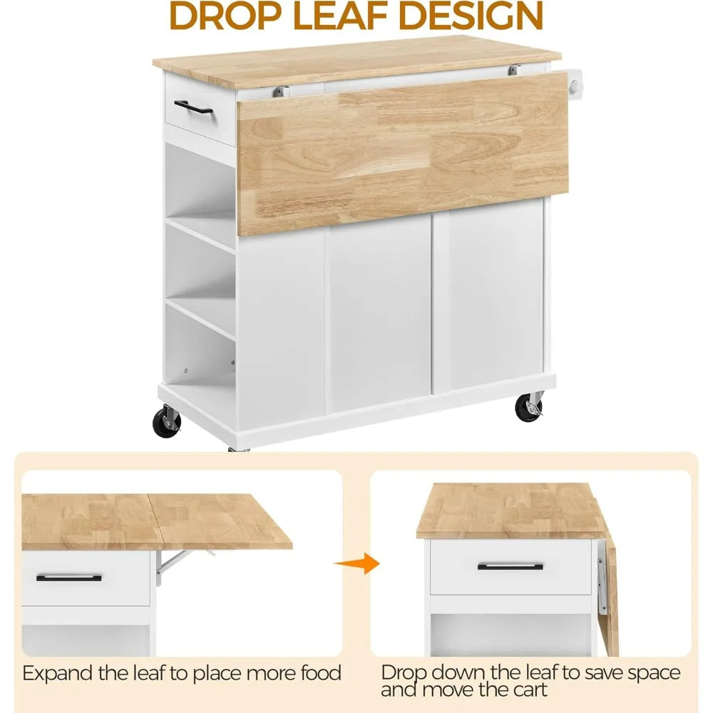 Portable Rolling Kitchen Island Cart Rubberwood Drop Leaf Breakfast Bar with Storage Open Shelves And Detachable