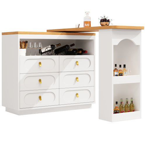 360 Rotating Bar Table Main Body 137 X 39 X 90 Cm, Coffee Bar Furniture, Rotating Dining Bar With Storage, Kitchen Island, With Spice Rack, Six Drawers, Open Storage Space, White