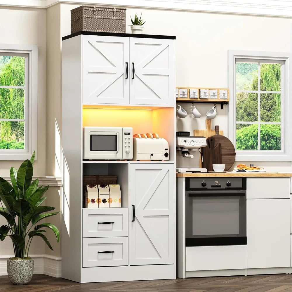Kitchen Pantry Storage Cabinet Tall Farmhouse Kitchen Pantry with Barn Doors and Drawers, Adjustable Shelves for Dining Living R