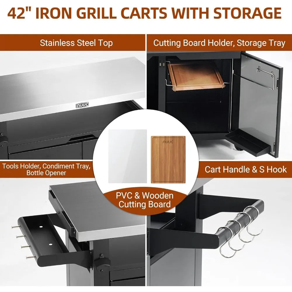 Portable Outdoor Metal Kitchen Island with Storage and Stainless Steel Prep Table on Wheels