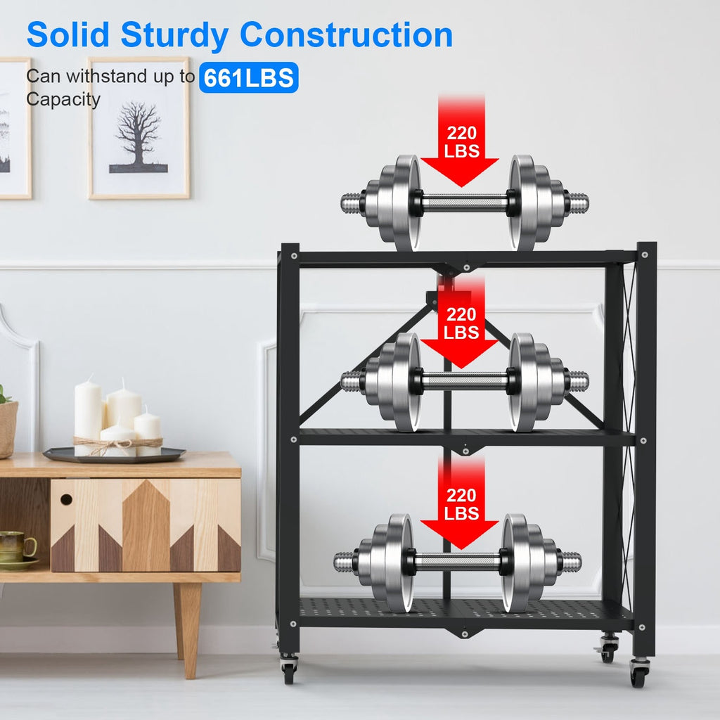 1Pc 3Tier Foldable Storage Shelf With Lockable Wheels No Assembly Rolling Utility Shelf Heavy Duty Collapsible Organizer Rack For Kitchen Living Room Basement Pantry Bedroom.