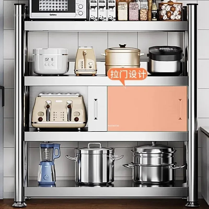 Stainless Steel Kitchen Cabinets with Door Floor Multi-layer Sliding Door Cabinet Storage Racks Multi-functional Home Furniture