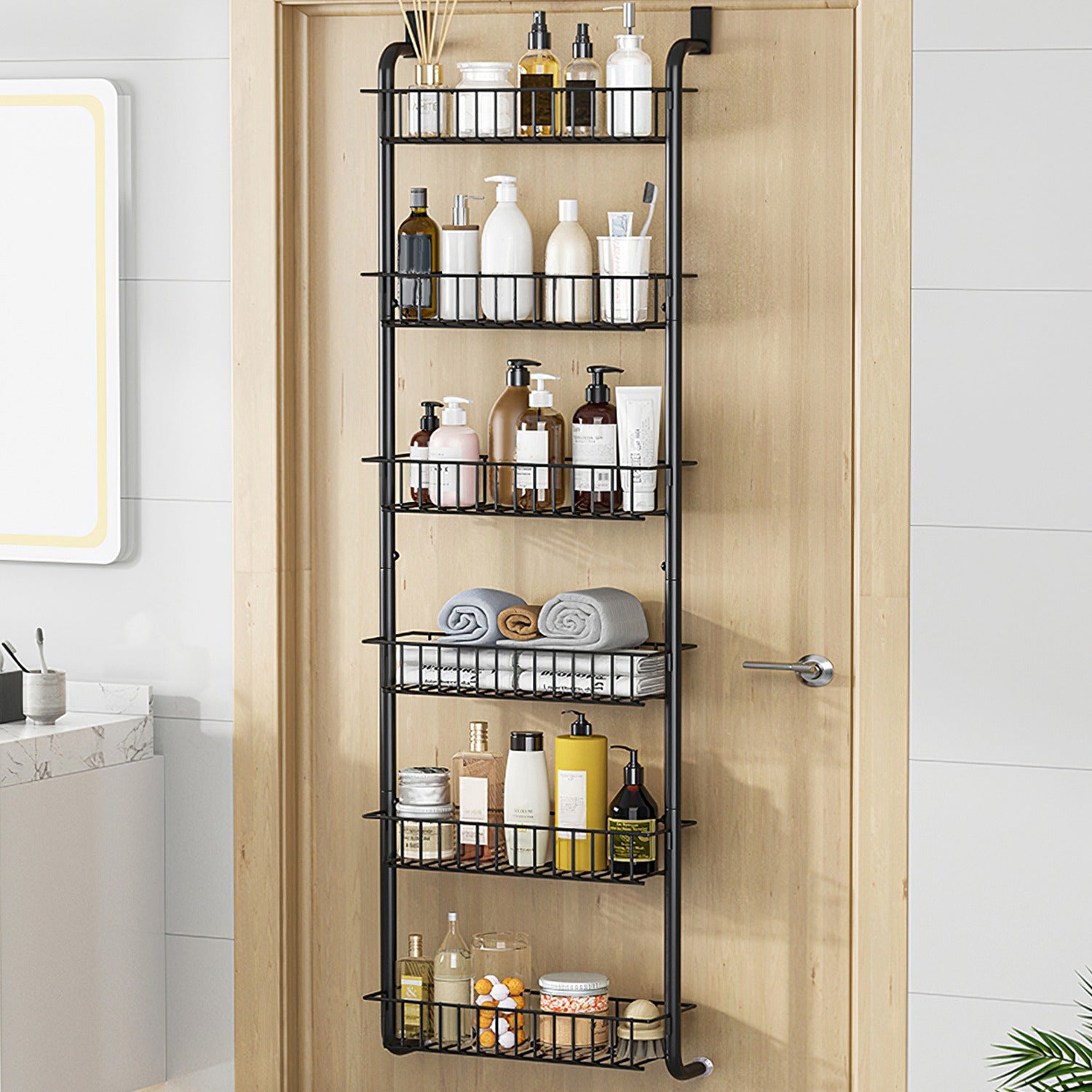 1Pc 6 Tier Over Door Pantry Organizer Hanging Hooks Door Storage Rack Carbon Steel Basket 62.99in Over Door Shelf For Kitchen Bathroom.