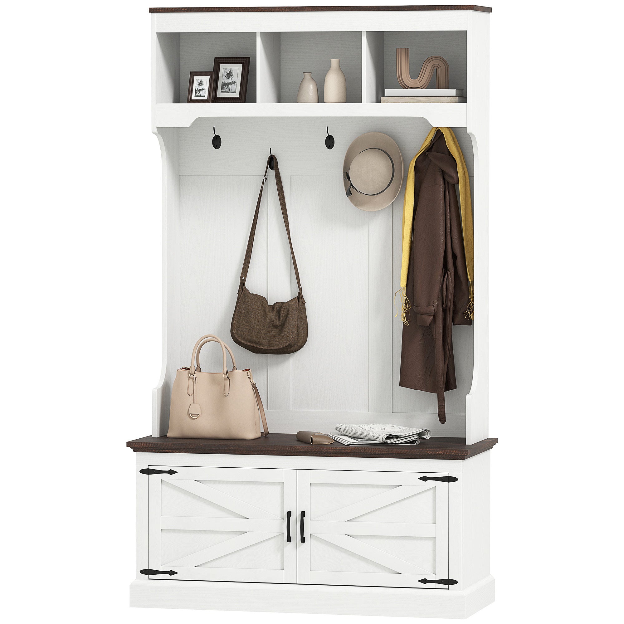 3-in-1 Hall Tree With Shoe Storage, Coat Rack With Bench, Entryway Furniture With Five Hooks, White Wood Grain