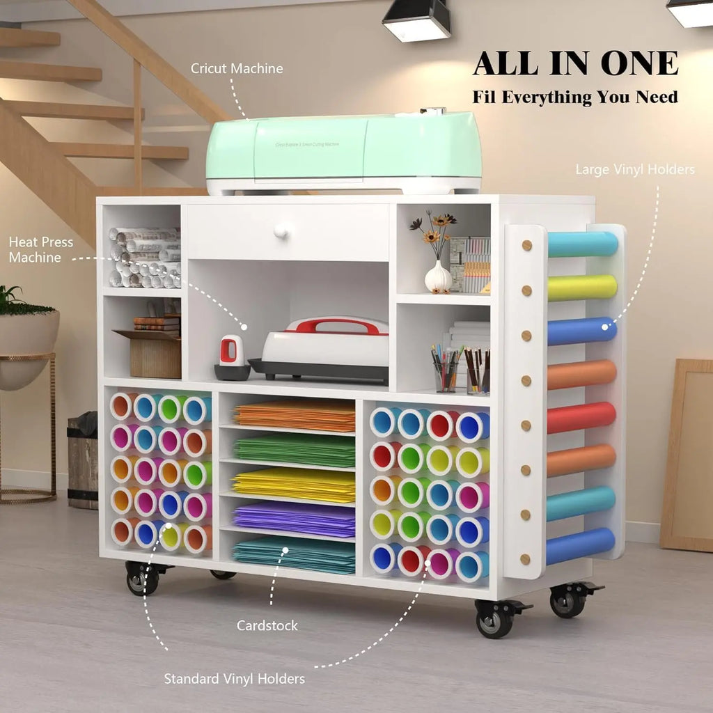Craft organization and storage Cart Compatible with Machine, Rolling Craft Organizer With large drawer & 48 Vinyl Roll Holder