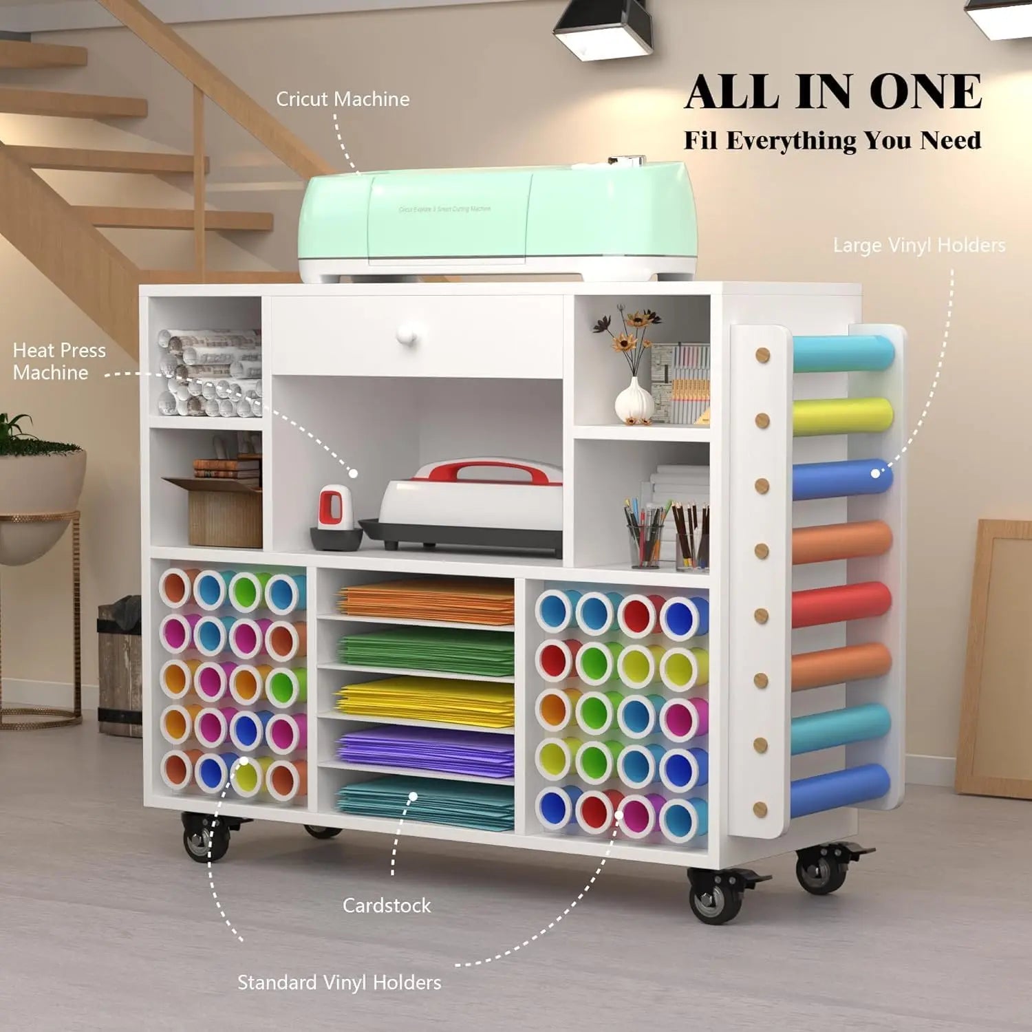 Craft organization and storage Cart Compatible with Machine, Rolling Craft Organizer With large drawer & 48 Vinyl Roll Holder