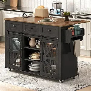 Kitchen Island with Storage, Kitchen Cart with Charging Station, Rolling Kitchen Island Table with Drop-Leaf, 3 Drawers, Barn Do