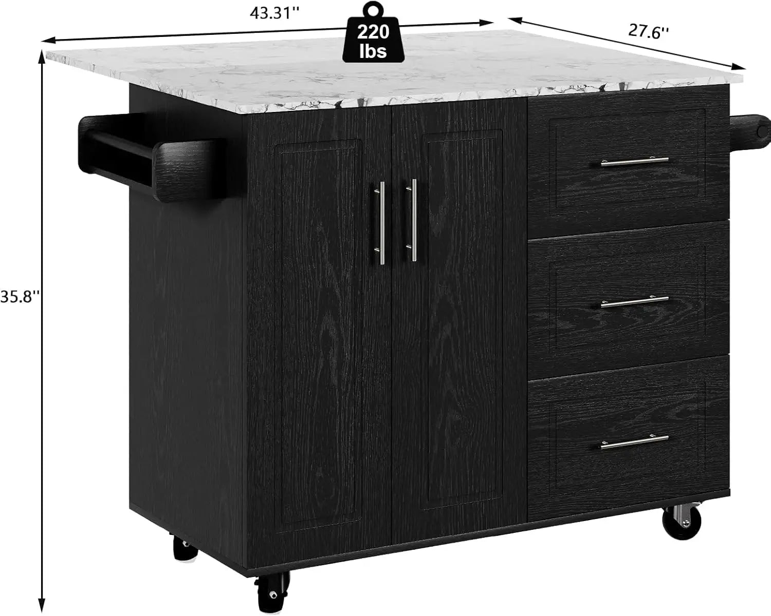 Rolling Island with Storage and Drop Leaf, Marble Tabletop, Kitchen Island on Wheels with Towel Rack & Spice Rack, Portable Isl