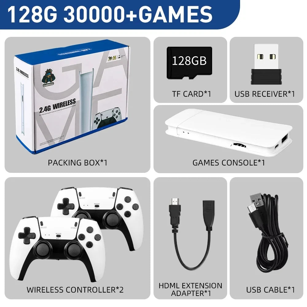 4K Game Stick TV Video Game Console 128G Built-in 30000 Games Retro Handheld Game Player With Wireless Gamepad Controller