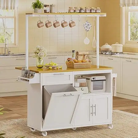 Rolling Kitchen Island Table on Wheels with Drop Leaf, 40" Mobile Kitchen Carts with Trash can Storage, Storage Cabinet, D