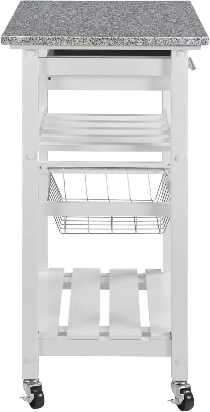 Mobile Rolling Kitchen Island Trolley – Under-Drawer & Slide-Out Wire Basket, Dining Serving Cart