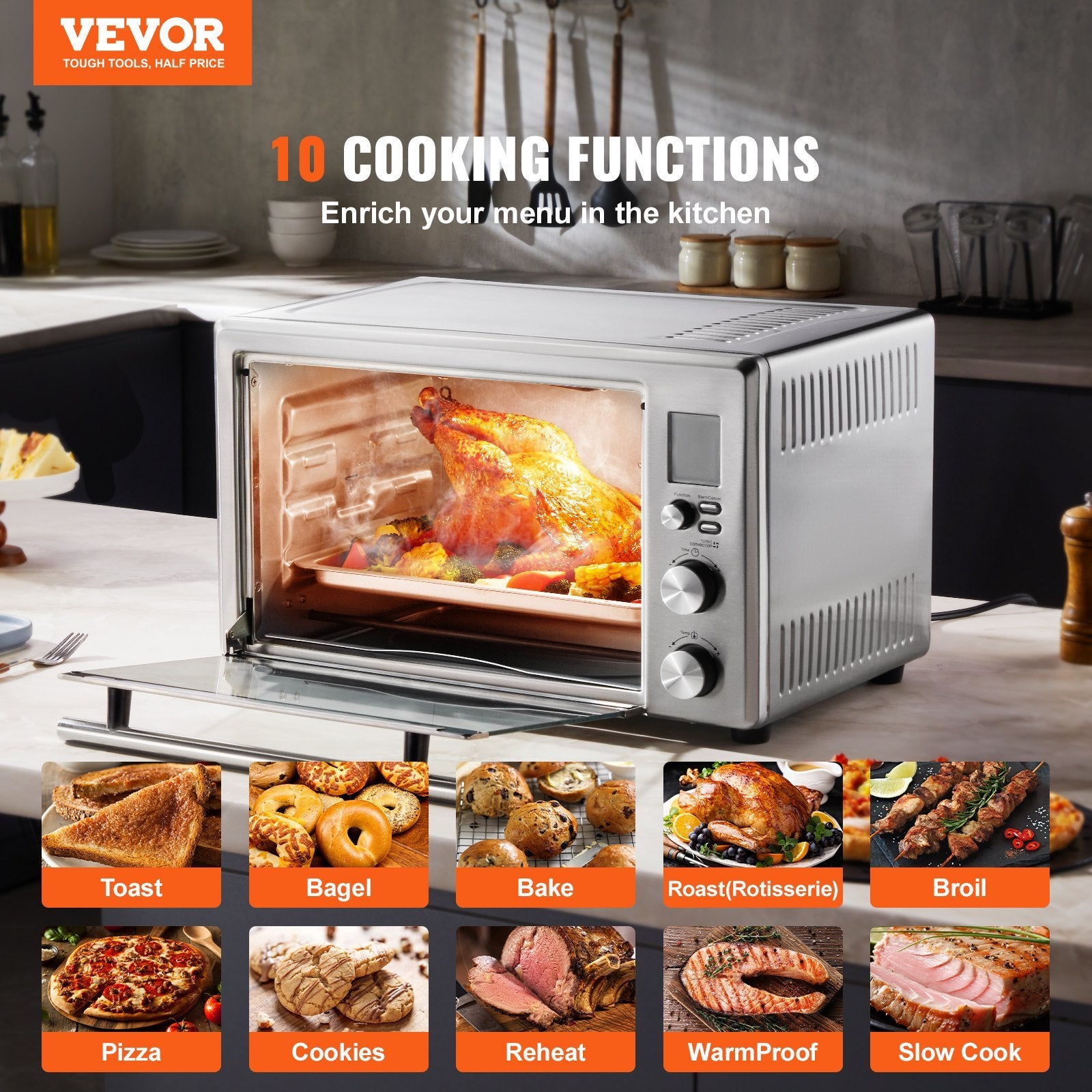 VEVOR Countertop Convection Oven 28L Toaster Baker 10-IN-1 1800W For Home Use