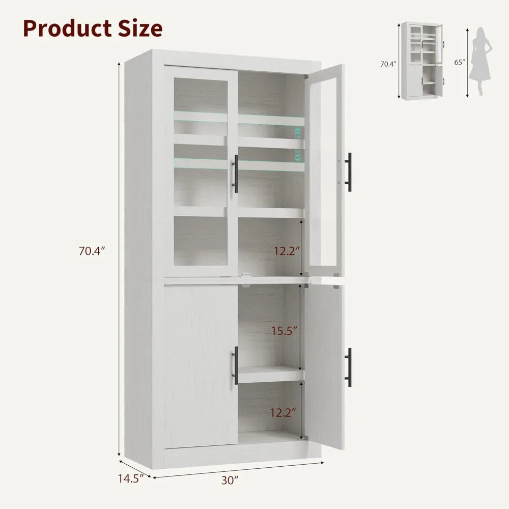 Tall Wooden Kitchen Pantry Cabinet, Farmhouse Glass Door Freestanding Food Storage Cupboard Pantry Cabinet with Adjustable Shel