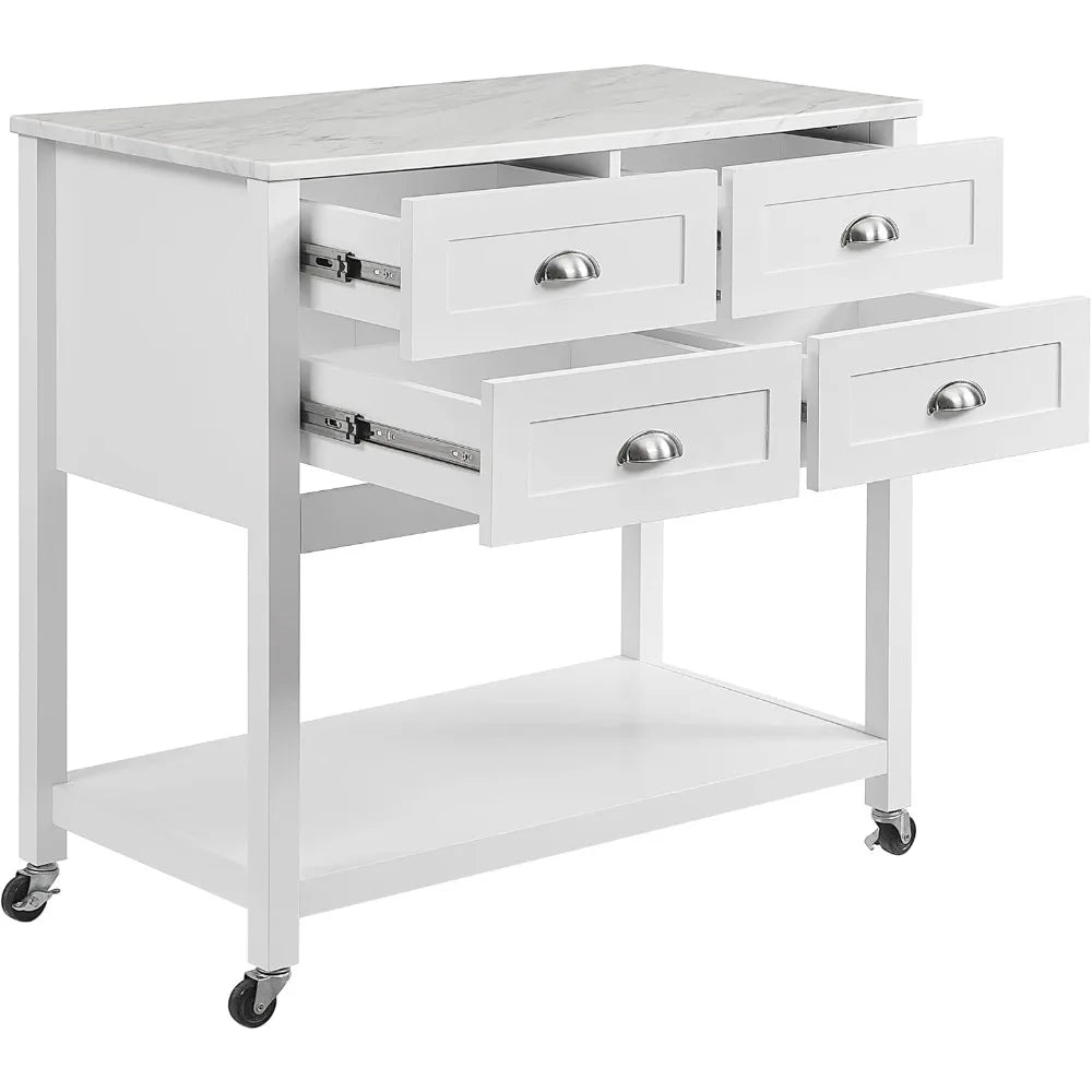 Rolling Kitchen Island Cart by Crosley Furniture, White, with Storage Drawers and Microwave Stand, Ideal for Coffee Bars