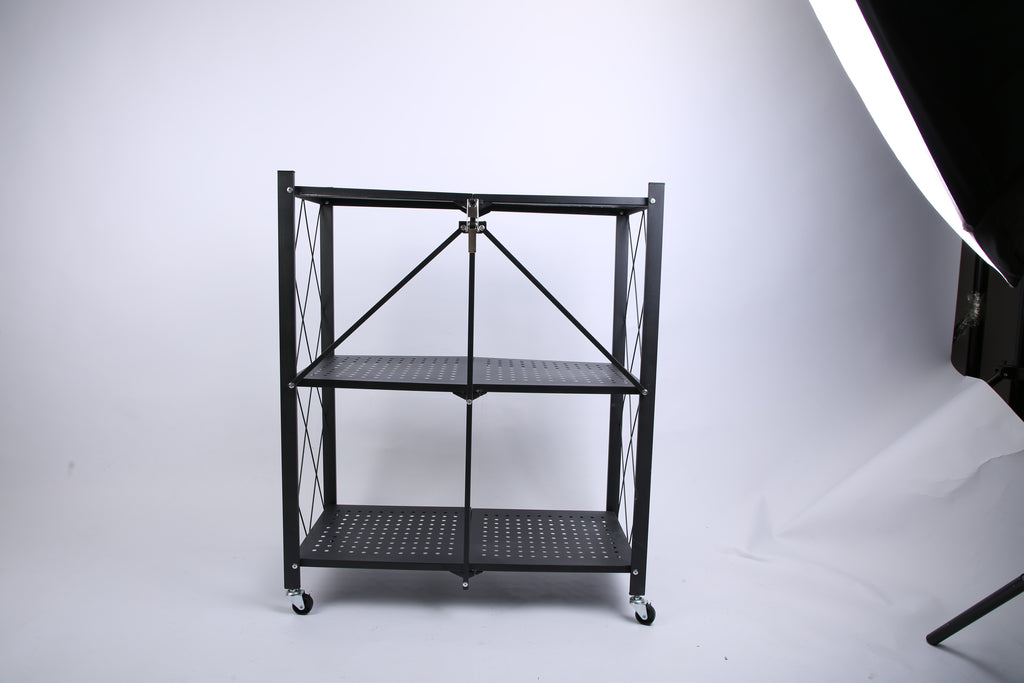1Pc 3Tier Foldable Storage Shelf With Lockable Wheels No Assembly Rolling Utility Shelf Heavy Duty Collapsible Organizer Rack For Kitchen Living Room Basement Pantry Bedroom.