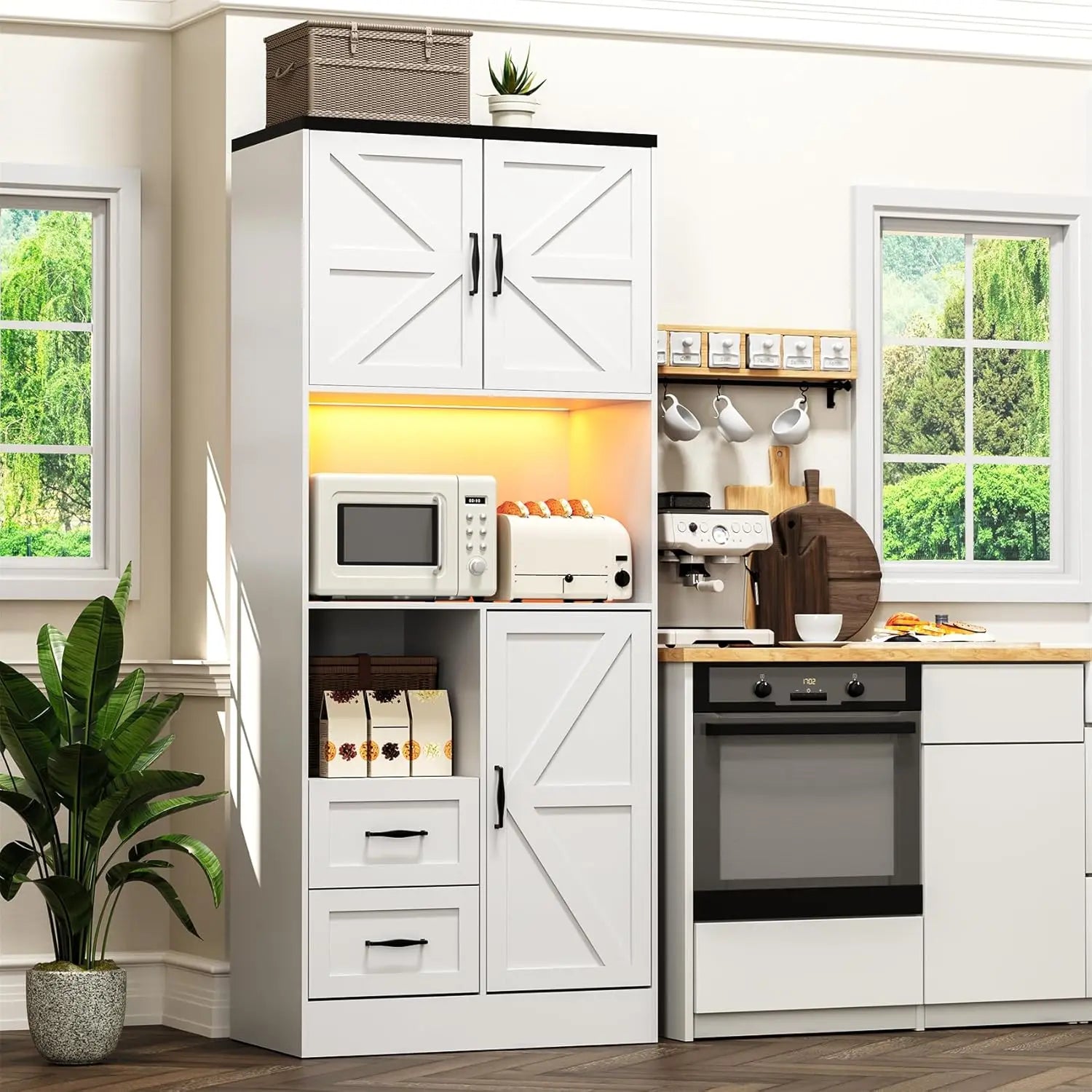 Kitchen Pantry Storage Cabinet Tall Farmhouse Kitchen Pantry with Barn Doors and Drawers, Adjustable Shelves for Dining Living R