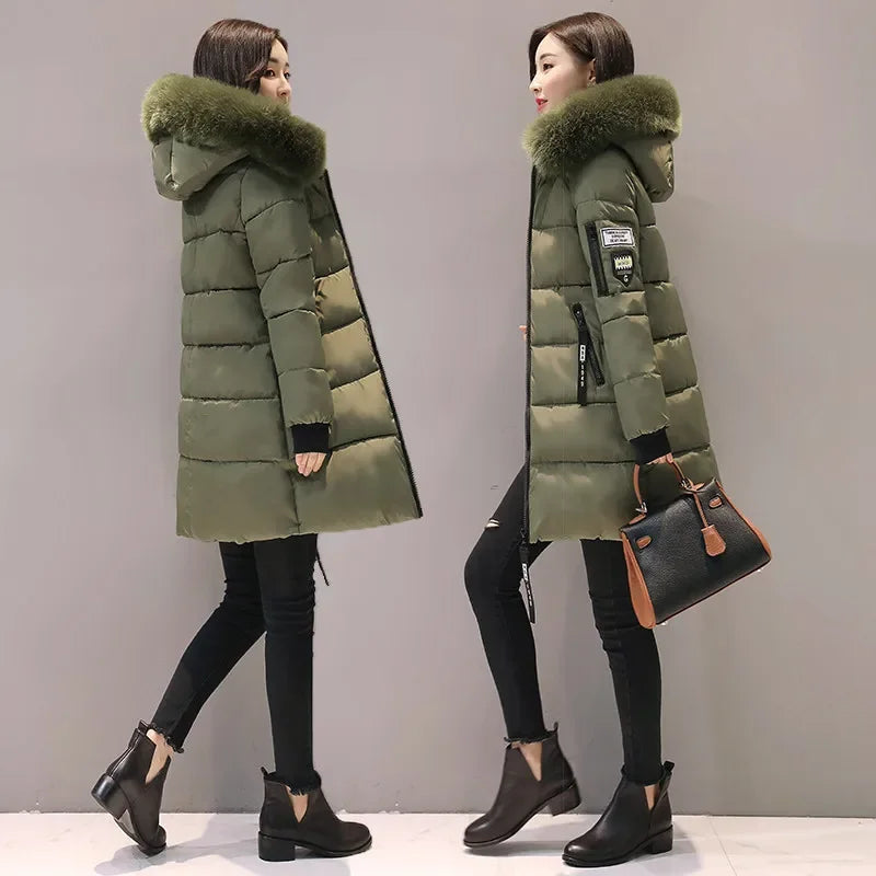 2025 Winter Women Parka Coats Long Cotton Casual Fur Hooded Jackets Thick Warm Slim-fit Jacket Female Overcoat Clothing