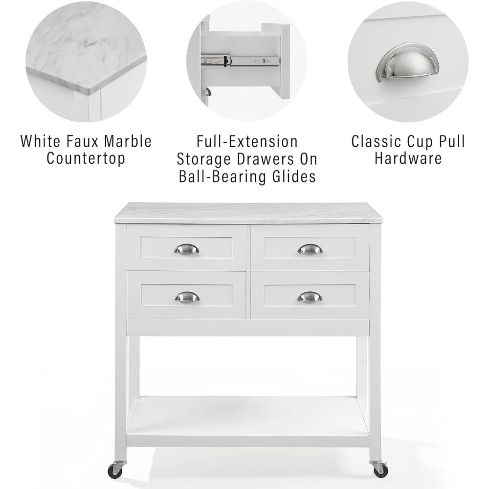 Rolling Kitchen Island Cart by Crosley Furniture, White, with Storage Drawers and Microwave Stand, Ideal for Coffee Bars