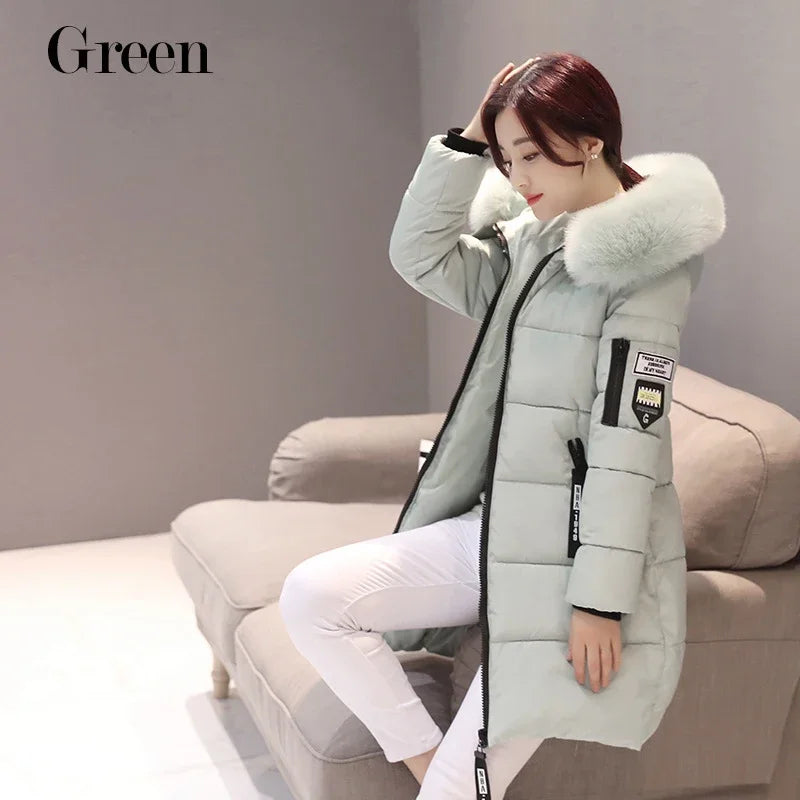 2025 Winter Women Parka Coats Long Cotton Casual Fur Hooded Jackets Thick Warm Slim-fit Jacket Female Overcoat Clothing
