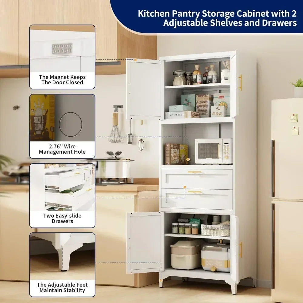 75” Tall Kitchen Pantry Storage Cabinet, Metal Storage Cabinet with 2 Drawers and Adjustable Shelves
