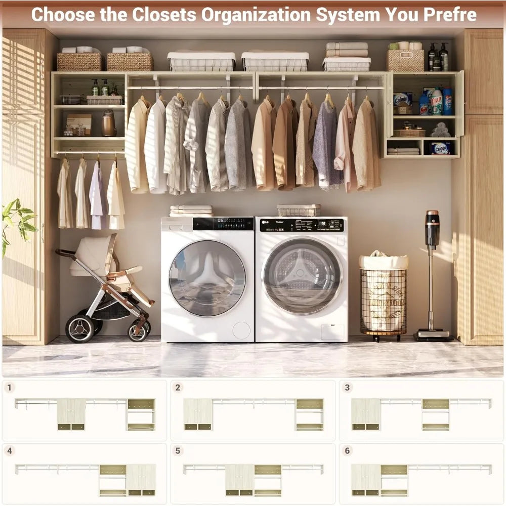 Multi-Purpose Closet System with 3 Hanging Rods, 5-10Ft Closet Organizer with Cabinet and Open Storage, Wood Closet Orga