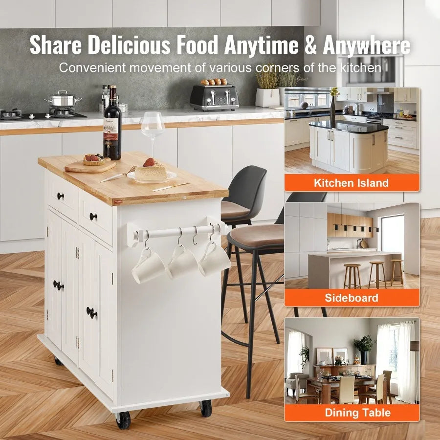 VEVOR Kitchen Island Cart with Solid Wood Top 35.4" Width Mobile Carts with Storage Cabinet Rolling Kitchen Table with Spi Rack