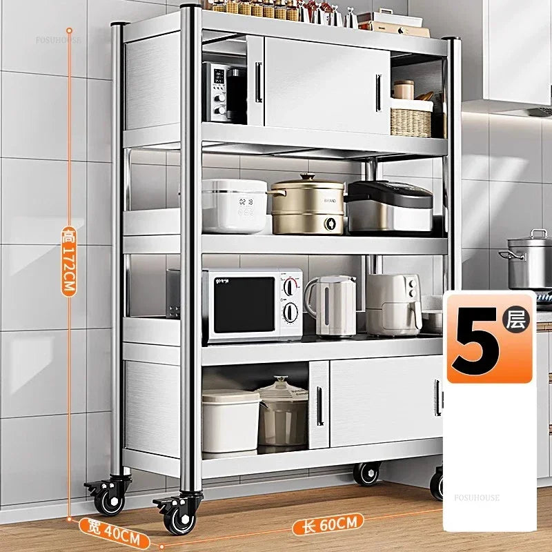 Stainless Steel Kitchen Cabinets with Door Floor Multi-layer Sliding Door Cabinet Storage Racks Multi-functional Home Furniture
