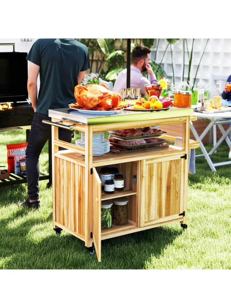 For Outsunny Outdoor Grill Cart w/ Stainless Steel Top, Solid Wood Outdoor Kitchen Island w/ Wheels, Storage Cabinets, Natural W