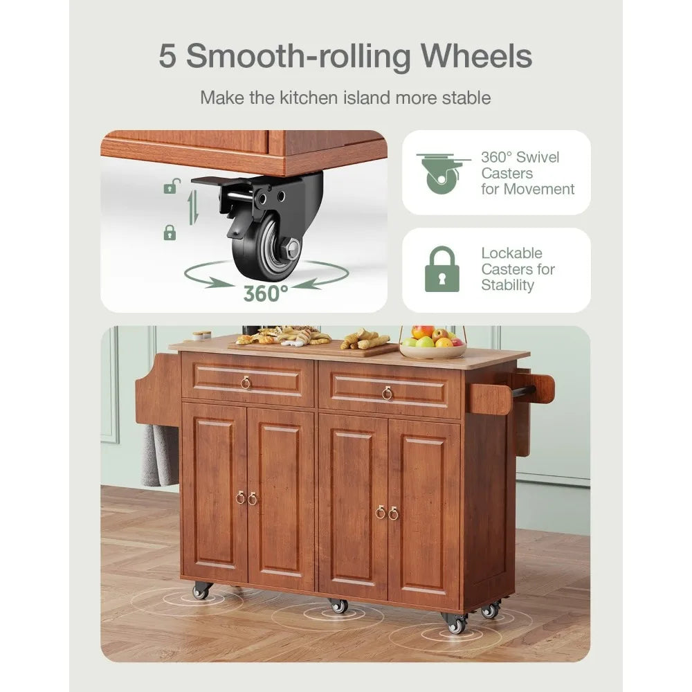 Kitchen Island with Drop Leaf and Storage, on Wheels Two Drawers, Large Storage Cabinet, Towel Rack Spice Cart Brown