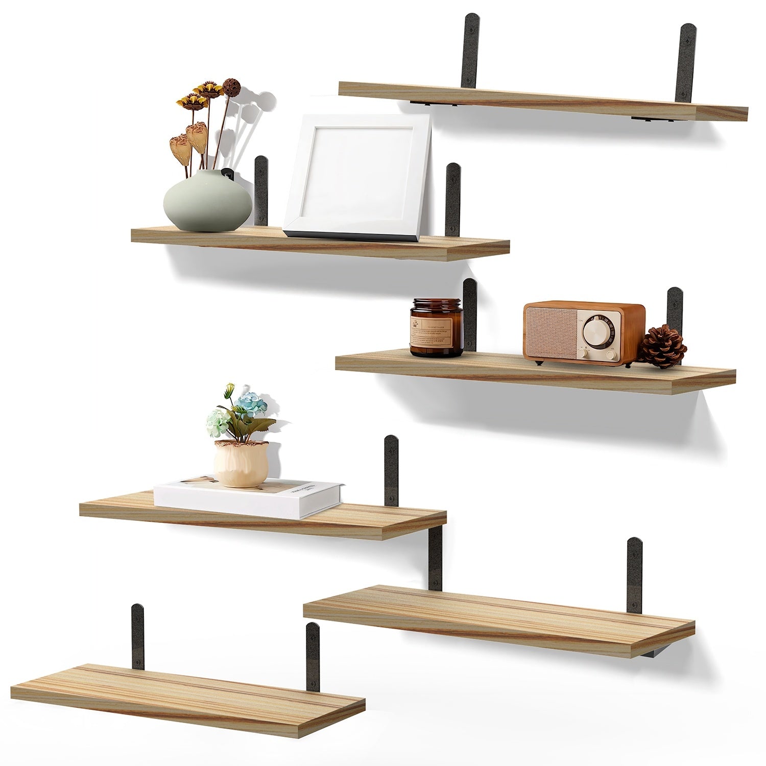 6 Sets Floating Shelves 15.74x5.74Inch Wall Mounted Shelves Wood Storage Shelves Metal Bracket Hanging Display Shelf Wall Organizer For Living Room Bathroom Kitchen Decor