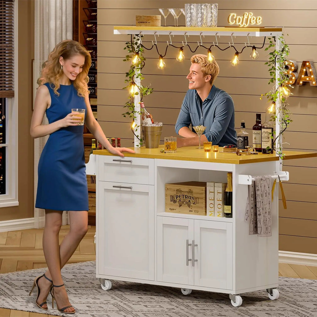 Rolling Kitchen Island Table on Wheels with Drop Leaf, 40" Mobile Kitchen Carts with Trash can Storage, Storage Cabinet, D