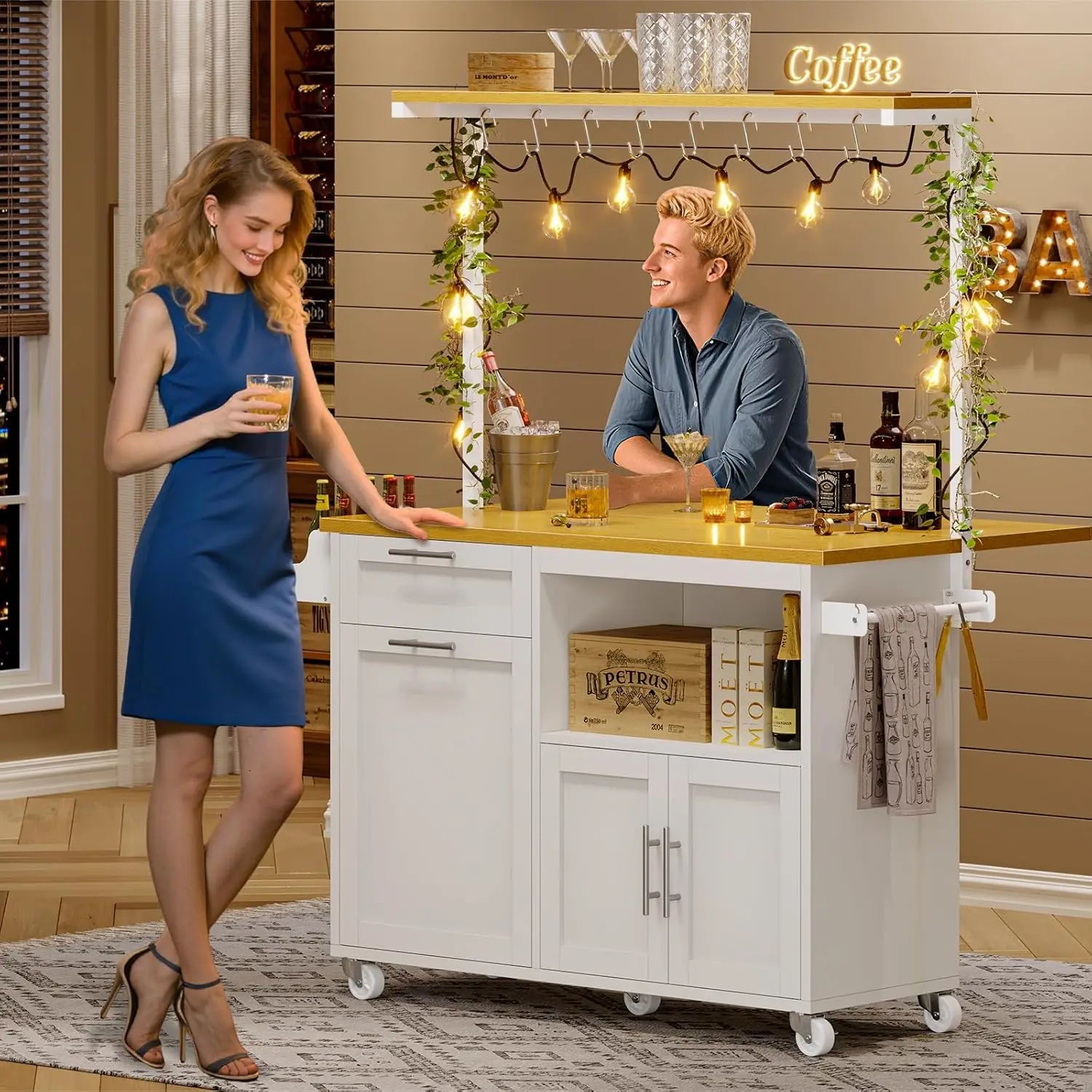 Rolling Kitchen Island Table on Wheels with Drop Leaf, 40" Mobile Kitchen Carts with Trash can Storage, Storage Cabinet, D