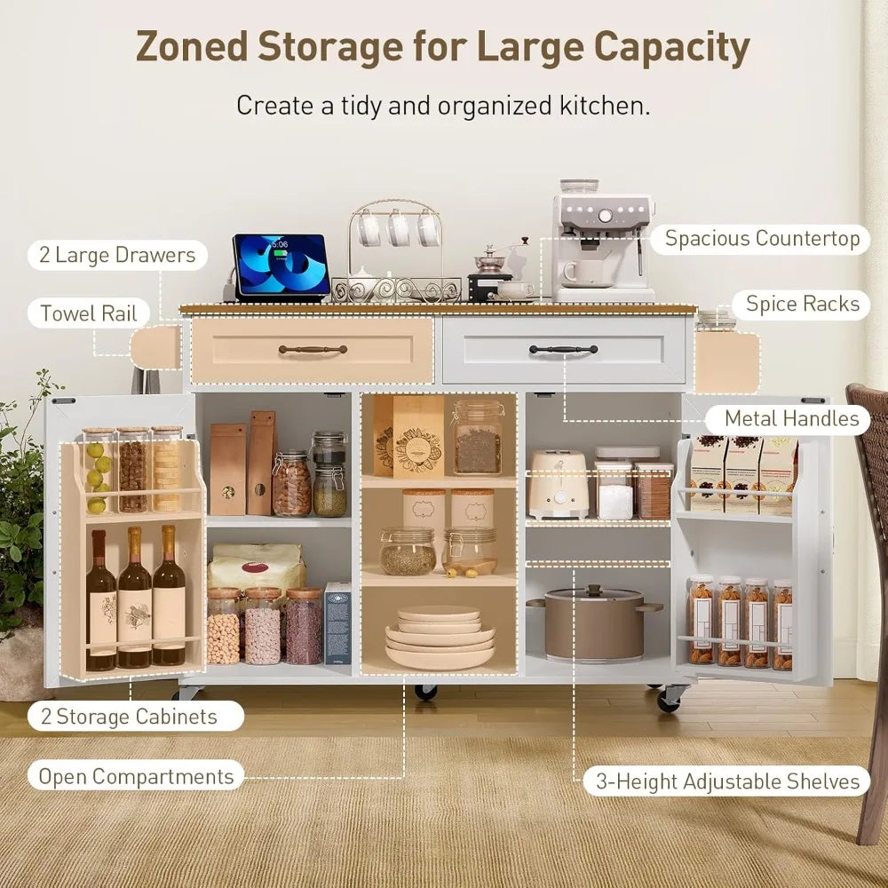 Kitchen Island with Power Outlets & Drop Leaf, Kitchen Cart with Storage, Drawer and Spice Rack, Tower Rack, Island Table, White