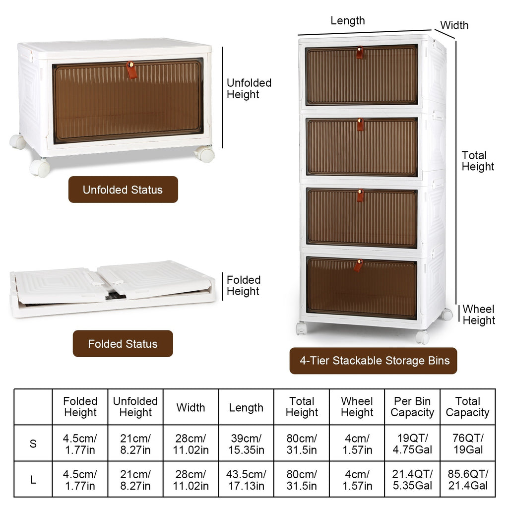 4Pc Foldable Storage Bins With Lid Front Magnetic Door Collapsible Stackable Closet Organizer Containers With 4Pcs 360 Degree Rotatable Wheels.