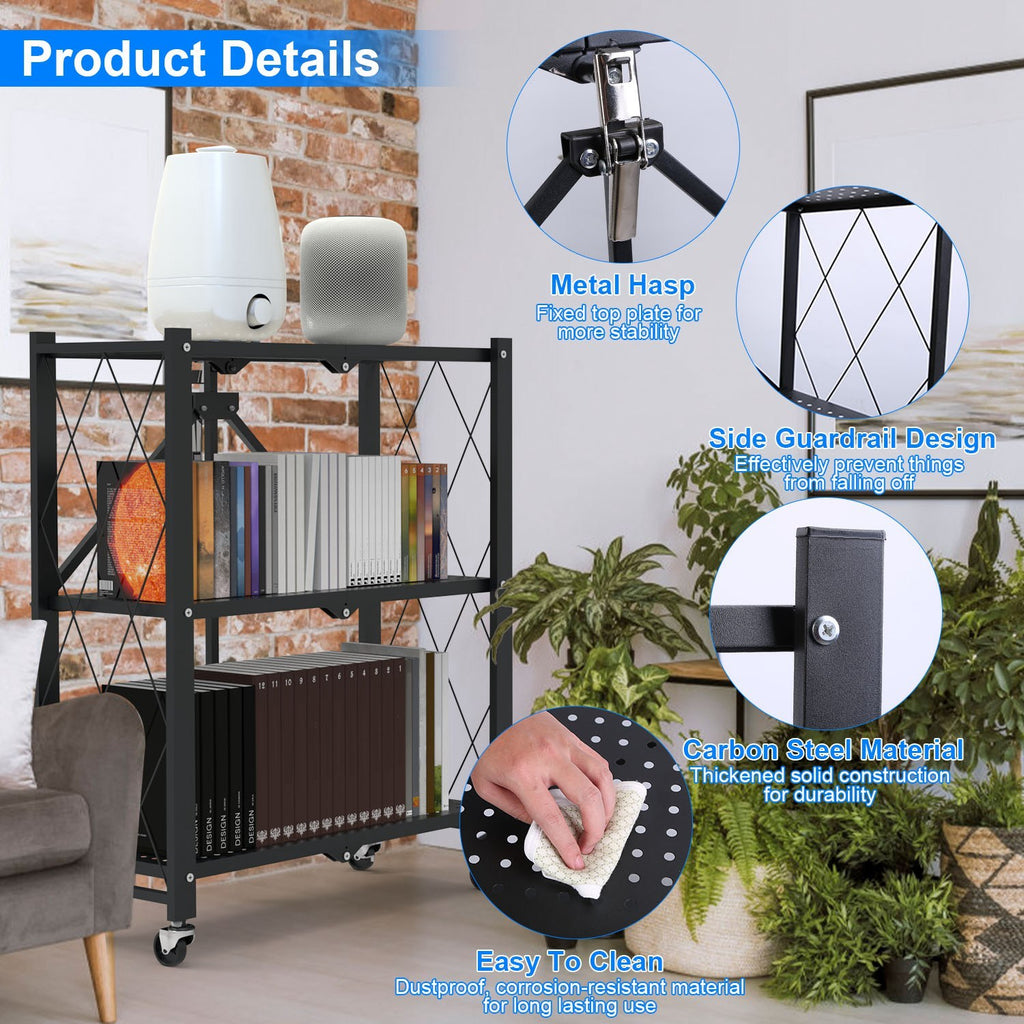 1Pc 3Tier Foldable Storage Shelf With Lockable Wheels No Assembly Rolling Utility Shelf Heavy Duty Collapsible Organizer Rack For Kitchen Living Room Basement Pantry Bedroom.